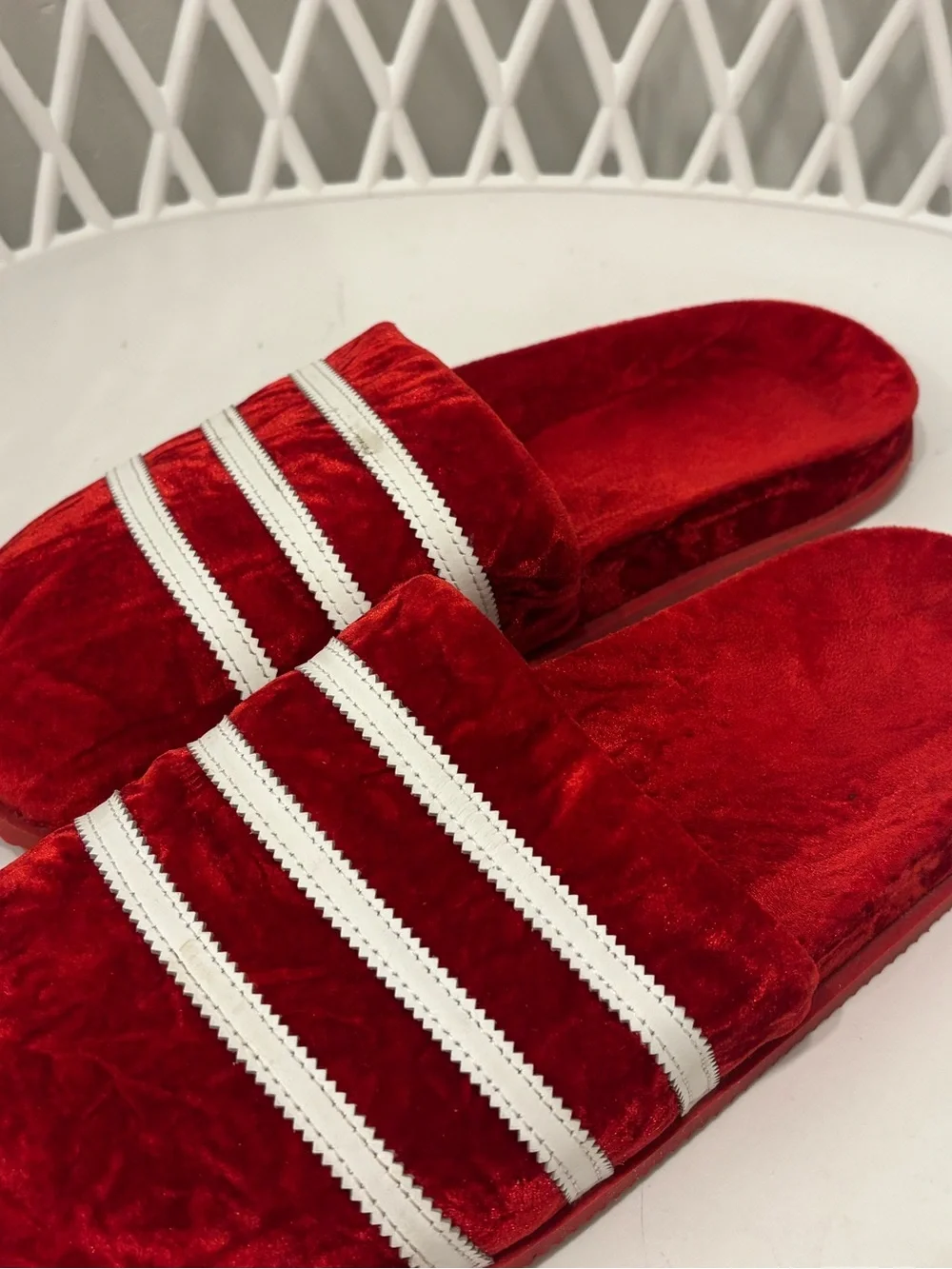 Adidas Mens's Red Plush Slide Slippers with White Stripes